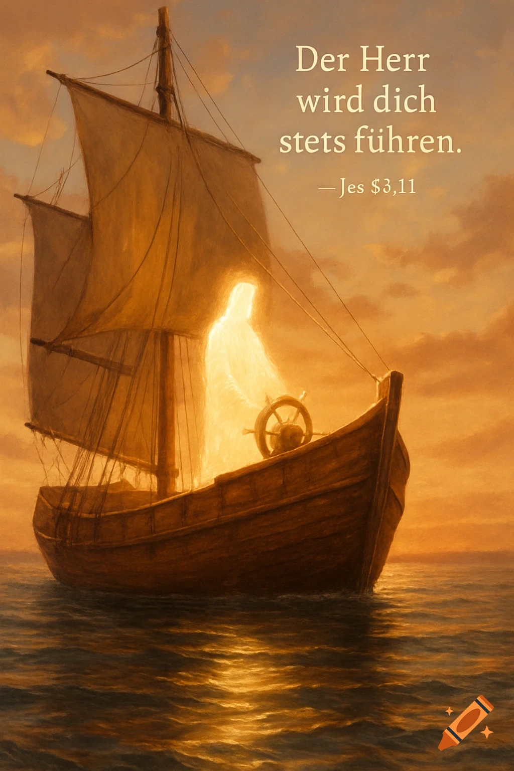 A glowing light silhouette of Jesus at the helm of a wooden boat on the sea during golden hour, with German scripture.