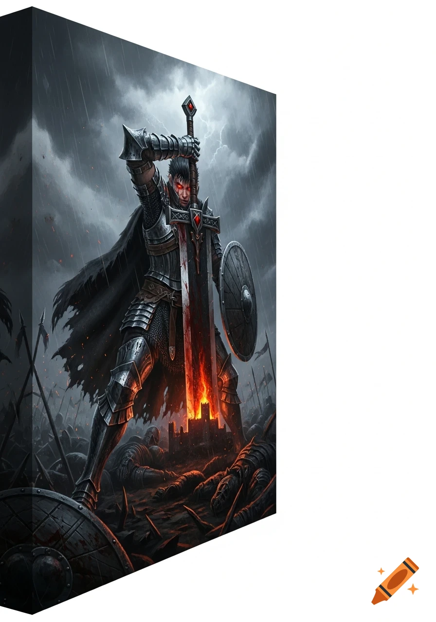 Heavily armored dark fantasy warrior with glowing red eyes raises a ...