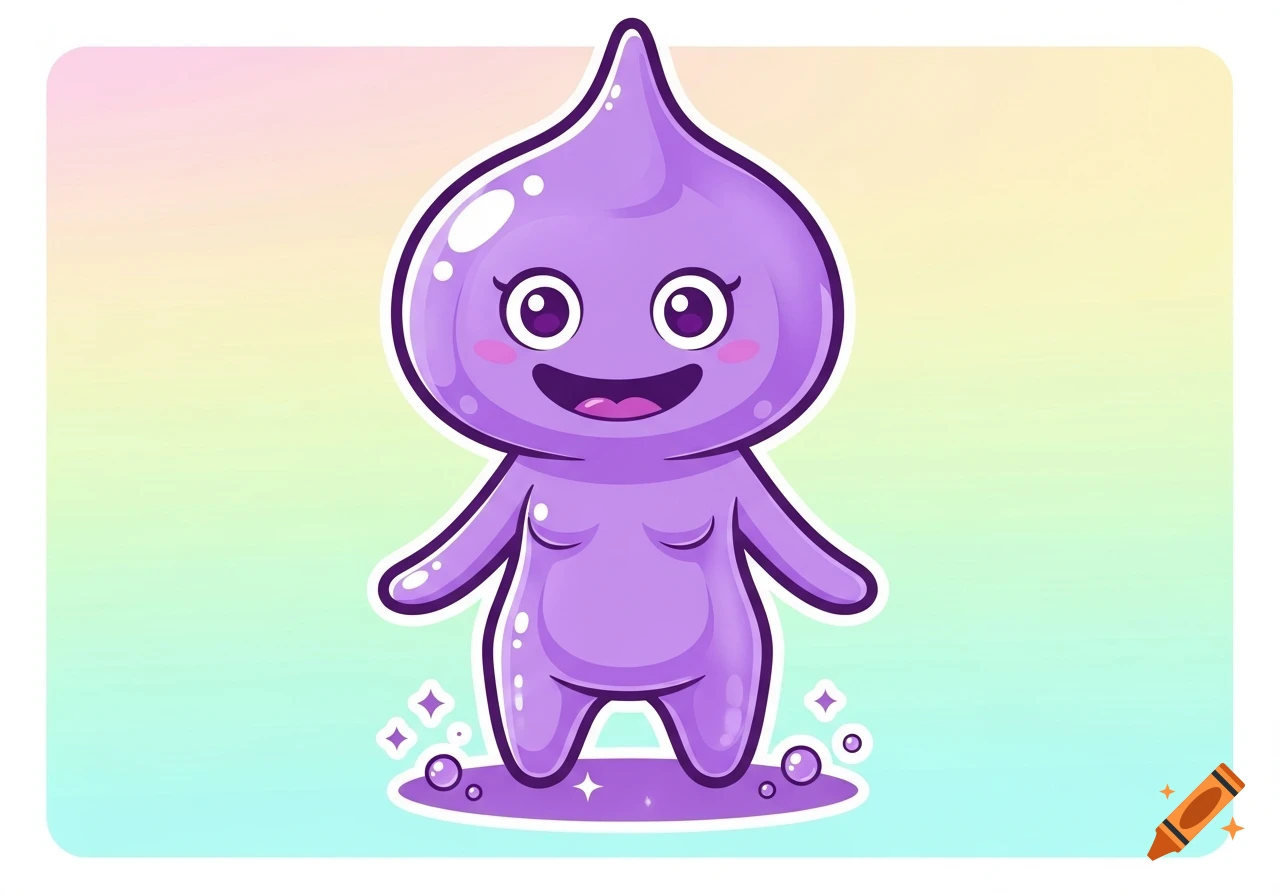 Cute purple slime creature with a happy face and small arms, in a simple cartoon style, on a gradient background.