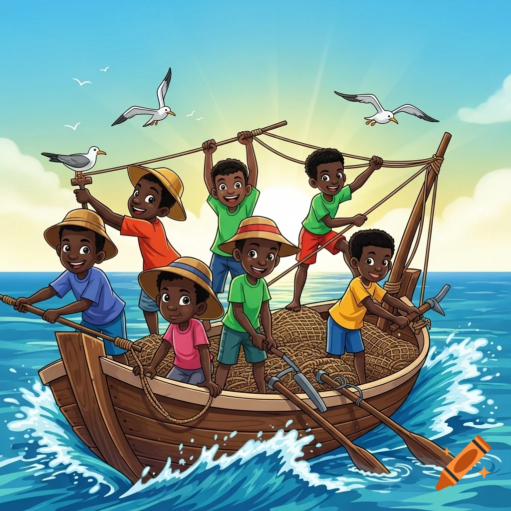 A group of happy African children in a fishing boat, working together on the blue ocean under a sunny sky, in a cartoon style.