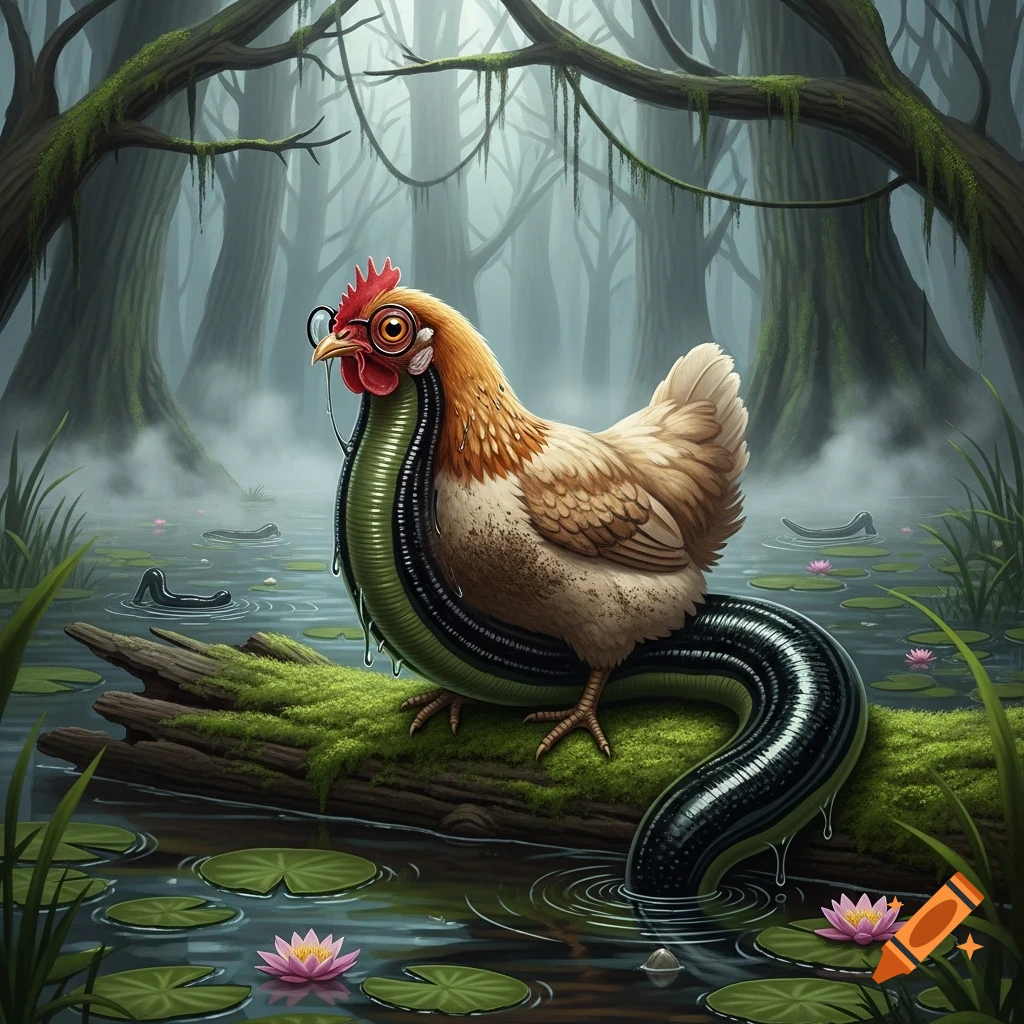 A detailed chicken-leech hybrid, wearing glasses, sits on a mossy log in a misty swamp with lily pads.
