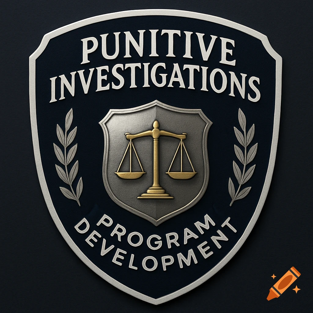 A dark blue shield-shaped emblem with a silver border. It features the words "PUNITIVE INVESTIGATIONS" at the top and "PROGRAM DEVELOPMENT" at the bottom. A silver shield with a golden scale of justice is centered, flanked by silver laurel branches. The decal has a metallic, embossed appearance.