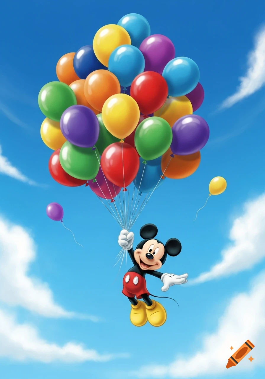Mickey Mouse floats in a blue sky, holding a large bunch of colorful balloons.