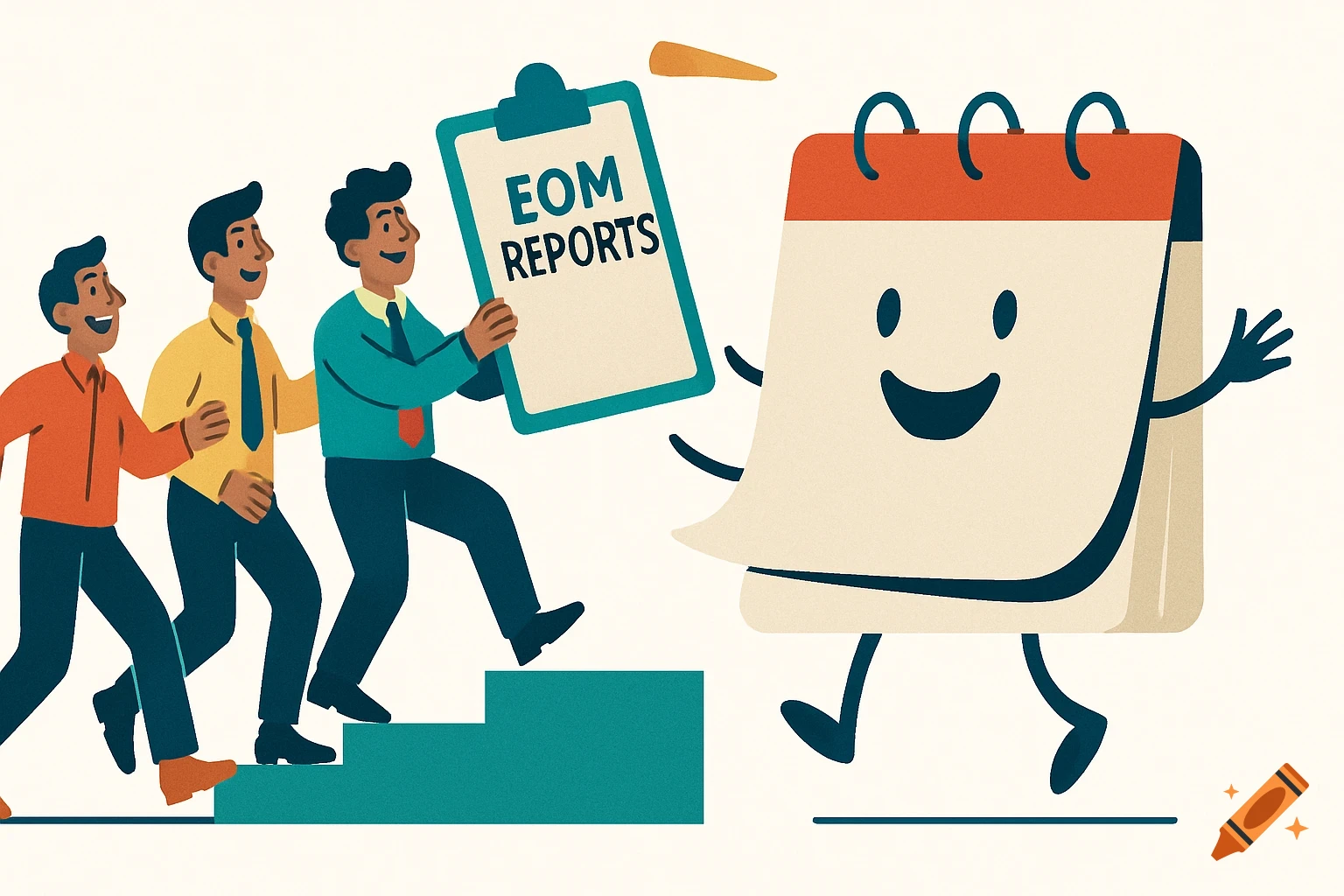 Three cheerful cartoon men carry a clipboard with 'EOM REPORTS' up stairs towards a smiling calendar, in a flat illustration style.