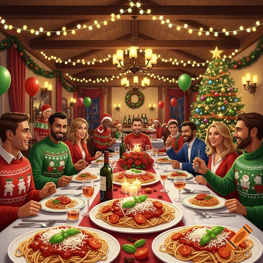 A diverse group of smiling people in festive Christmas sweaters enjoy a spaghetti dinner at a long table decorated with holiday lights and a Christmas tree.