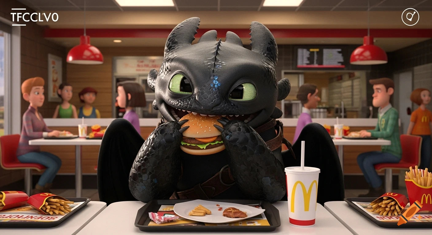 Toothless from How to Train Your Dragon happily eats a hamburger at a McDonald's table, surrounded by other diners, in a 3D animation style.