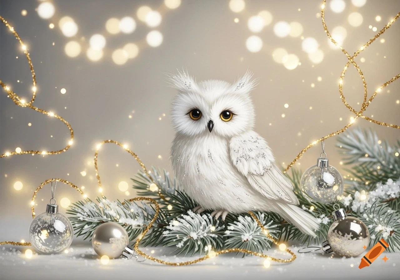 A fluffy white owl with gold eyes sits on frosted pine branches amidst sparkling gold lights and clear Christmas ornaments.