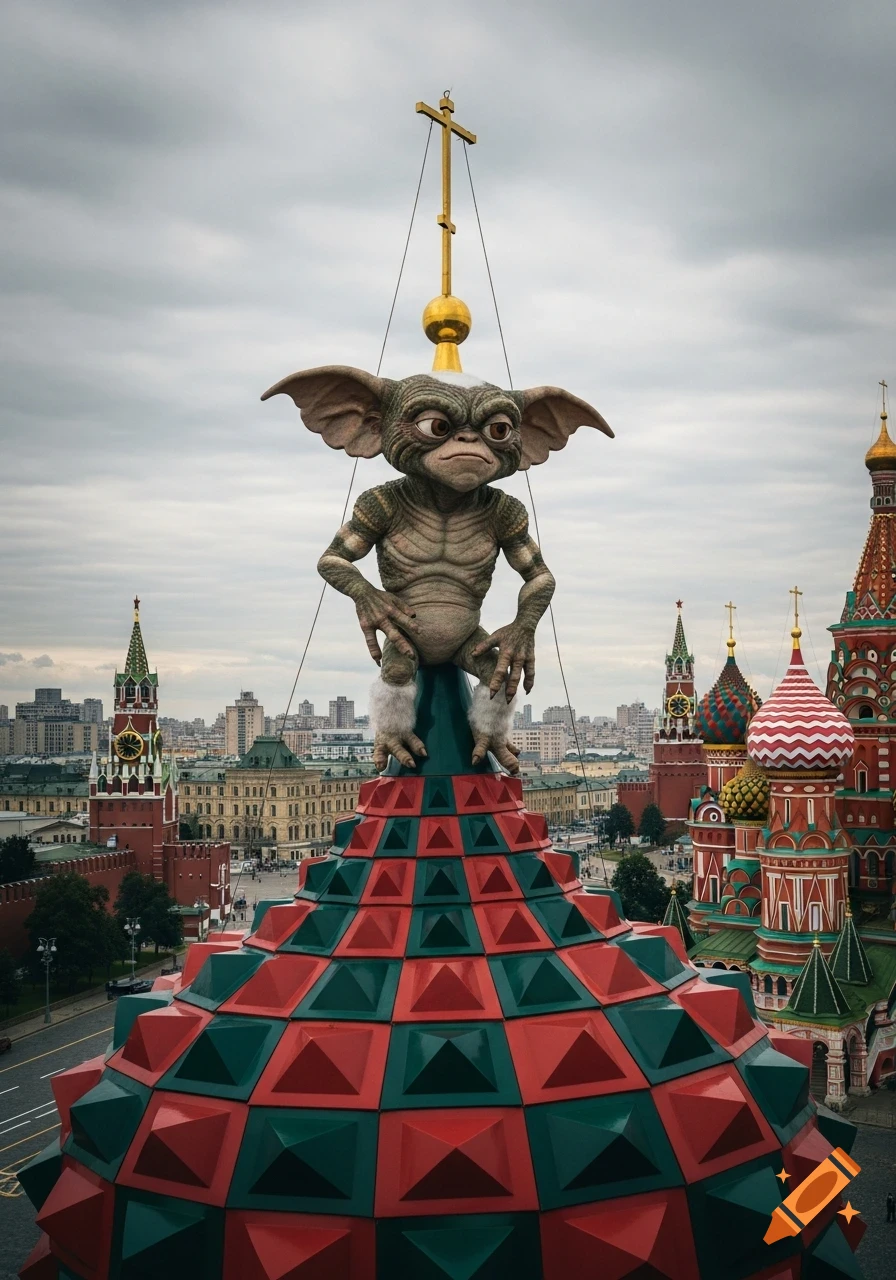 A Gremlin creature perches on a red and green spired rooftop, overlooking Moscow's St. Basil's Cathedral and a city skyline.