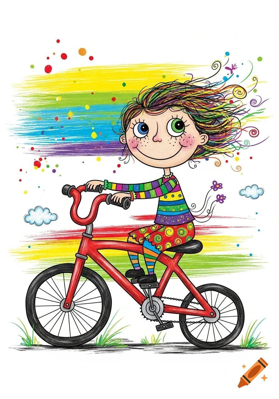 A cheerful cartoon girl with rainbow hair rides a red bicycle, surrounded by vibrant crayon-like rainbow colors and dots.