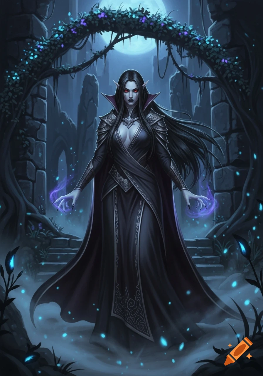 A dark elf vampire lady with red eyes and glowing hands stands in a moonlit gothic ruin surrounded by mystical glowing plants.
