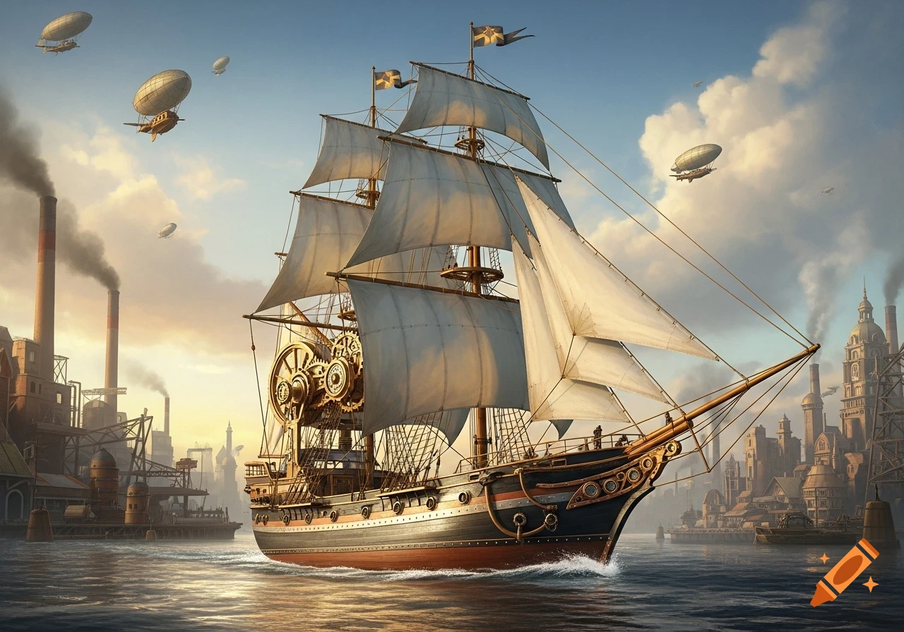 A steampunk sailing ship with large gears on its side floats through water in a harbor, with airships flying above an industrial city at sunset.