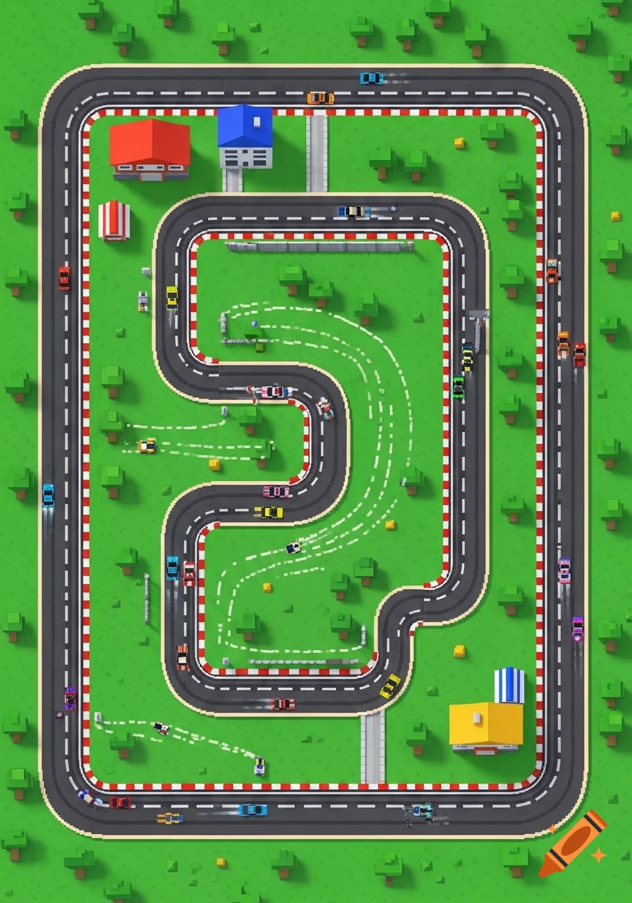 A colorful pixel art top-down view of a race track with multiple cars driving, surrounded by green grass, trees, and buildings.