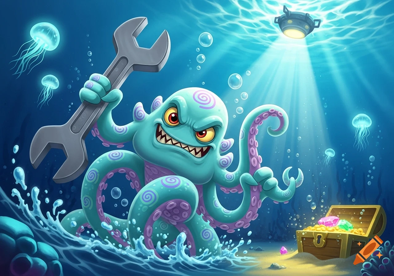 An angry turquoise cartoon octopus holds a large wrench underwater, surrounded by jellyfish, bubbles, and a treasure chest filled with jewels.