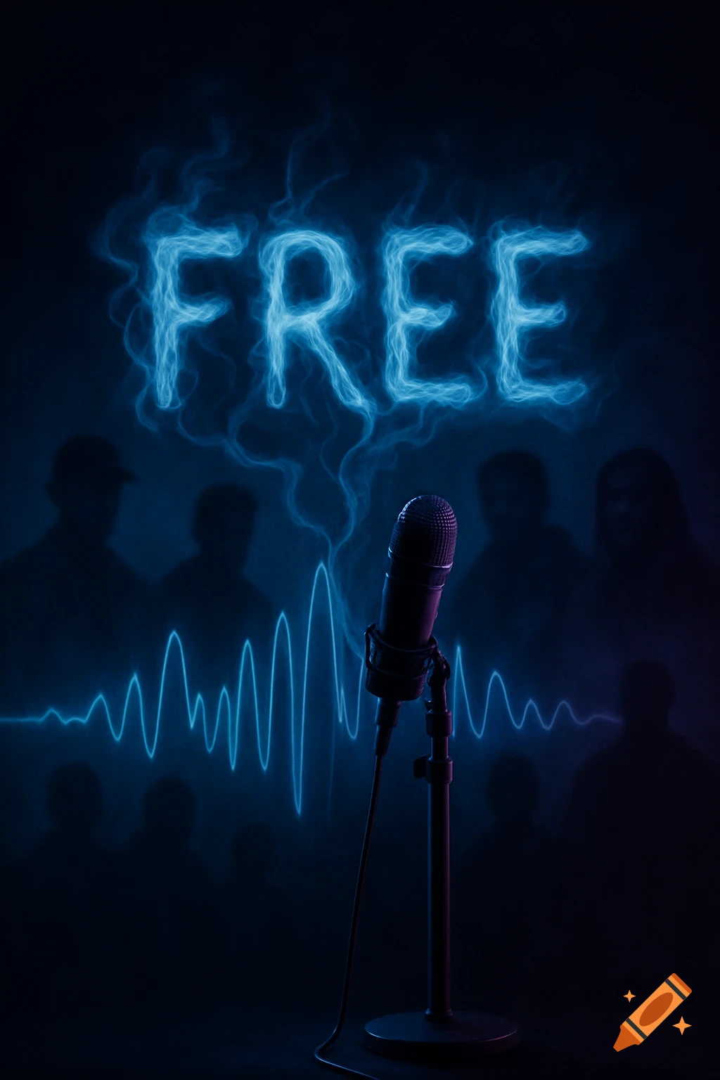 A microphone on a stand, with the word 'FREE' in glowing blue smoke and sound waves against a dark, neon-lit background with silhouettes.
