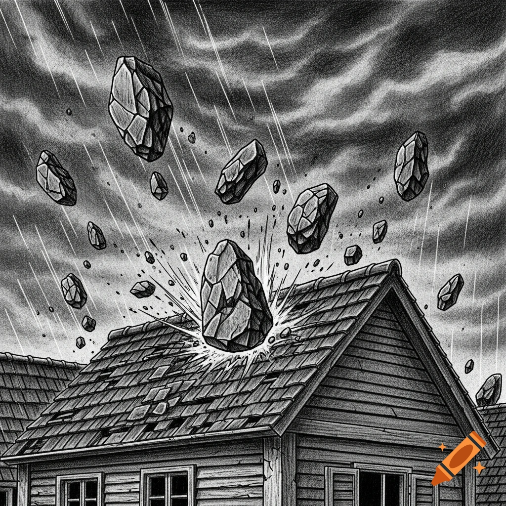 Stones raining down on a house during a storm, in a gloomy black and white pencil art style.