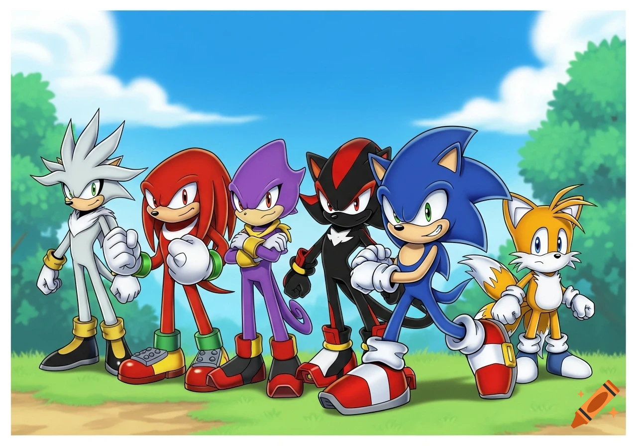 Silver, Knuckles, Espio, Shadow, Sonic, and Tails stand side-by-side in a grassy field under a blue sky.
