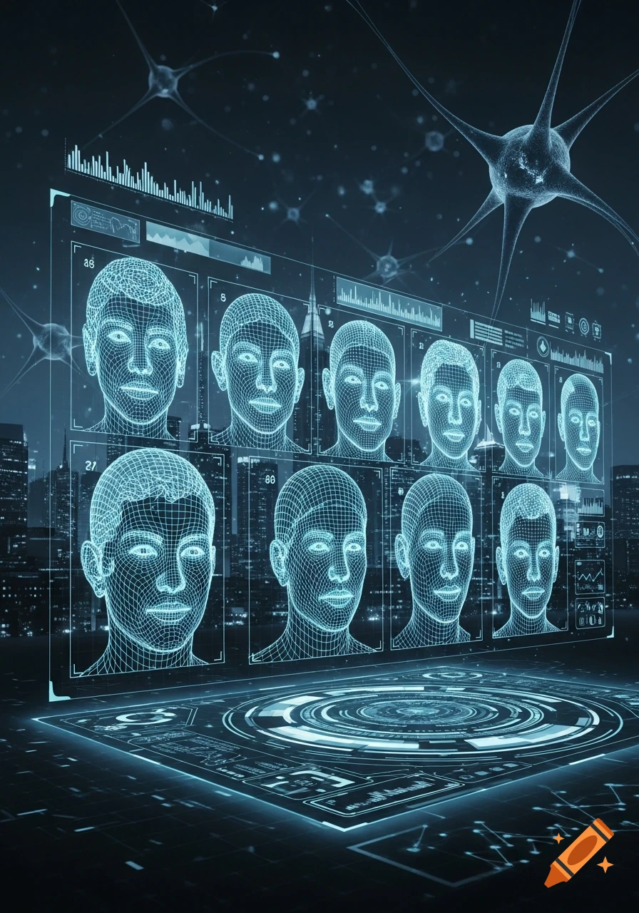 Digital wireframe faces displayed on a holographic interface with neural networks and a futuristic city skyline, depicting AI facial recognition.