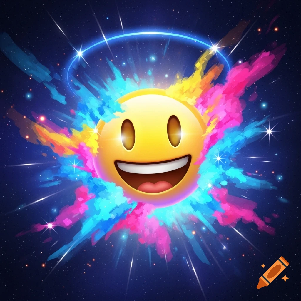 A bright yellow smiling emoji with a glowing blue halo and colorful paint splashes, set against a dark starry space background.