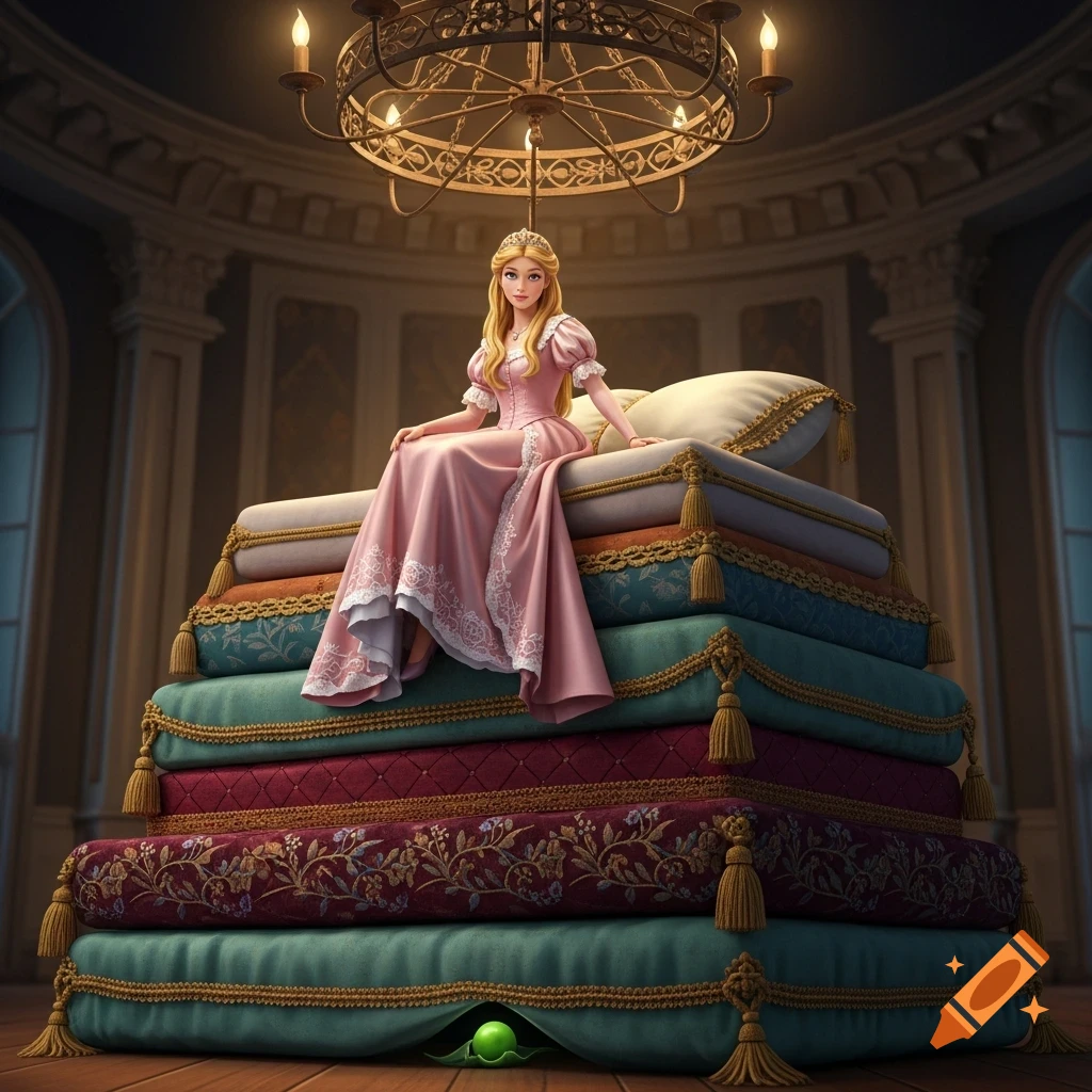 A princess in a pink dress sits on a tall stack of colorful mattresses in a grand room with a chandelier. A pea is visible at the bottom.