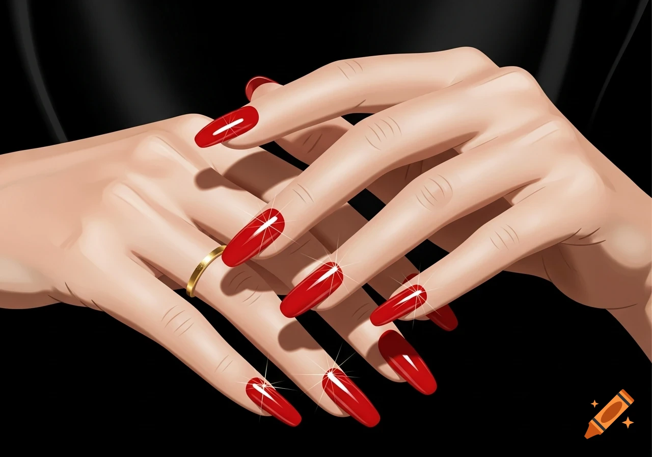 A stylized illustration of two hands with shiny red nails and a gold ring, set against a black background.