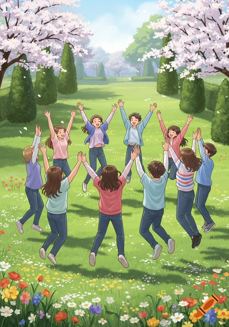 A group of happy animated teenagers jump in a circle with raised hands in a spring park filled with cherry blossoms and wildflowers.
