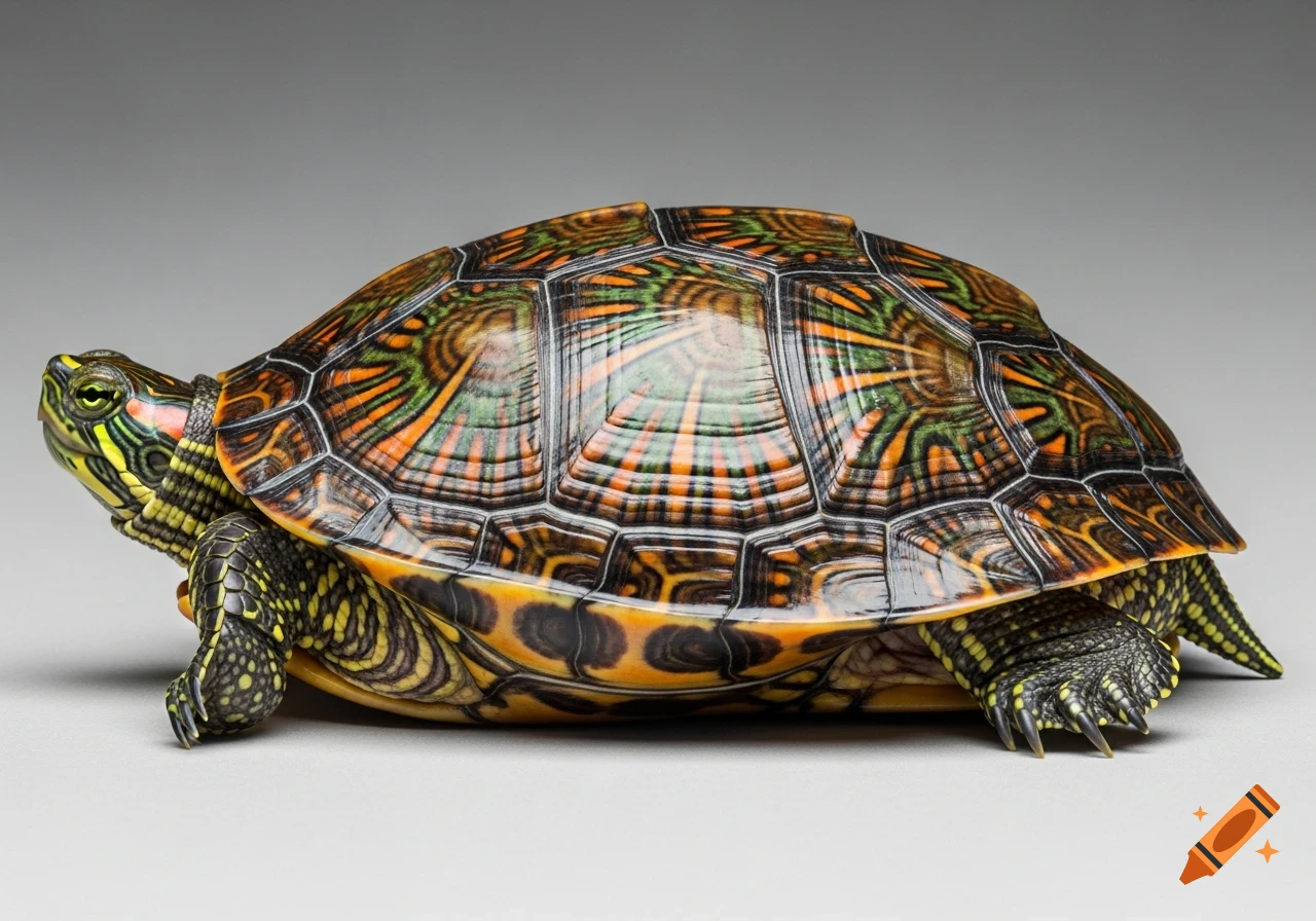 A super detailed and saturated photorealistic image of a Florida red-bellied cooter turtle with an intricately patterned shell on a gray background.