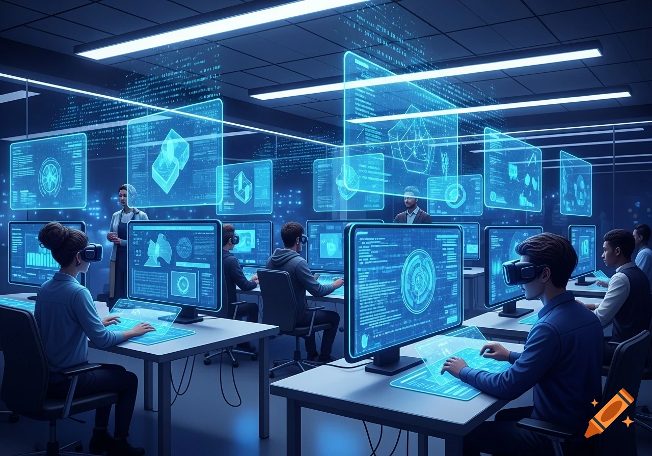 People in a futuristic, blue-lit data center working at computers and wearing VR headsets, interacting with holographic displays.