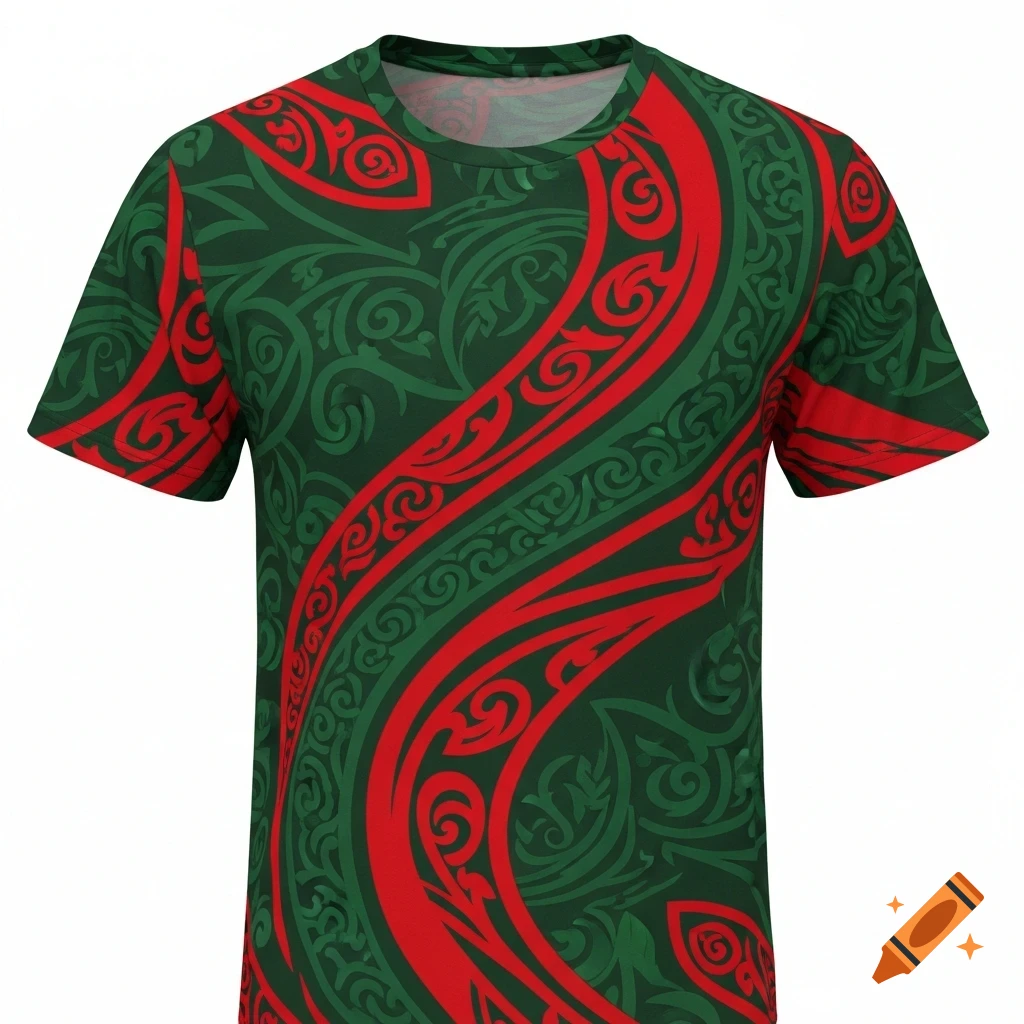 A dark green t-shirt with flowing red and lighter green tribal patterns on the front.