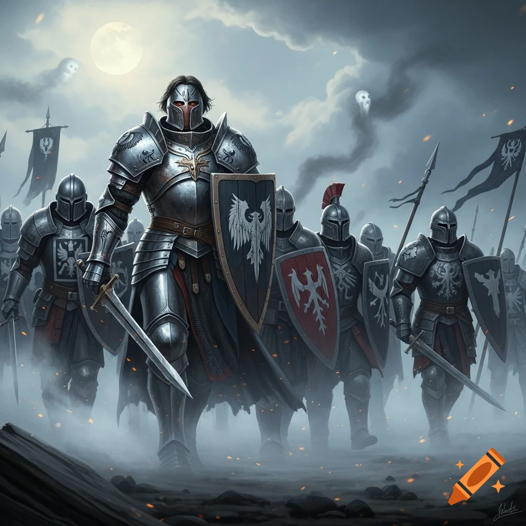 A group of armored knights stands on a misty battlefield under a full moon, with banners and spectral figures in the background.