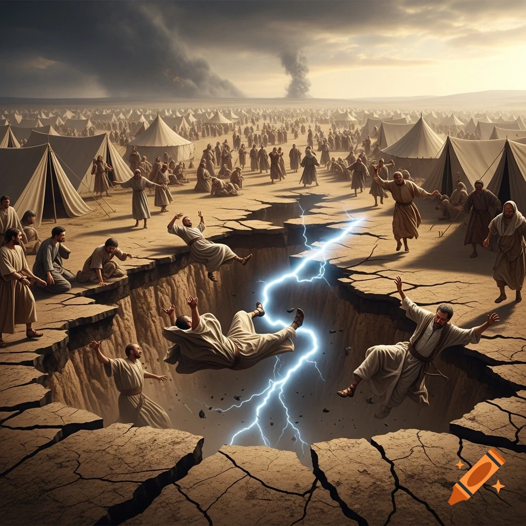 A dramatic scene of an ancient desert camp as the earth cracks open, revealing a lightning-filled chasm into which panicked people in robes are falling, under a stormy sky.