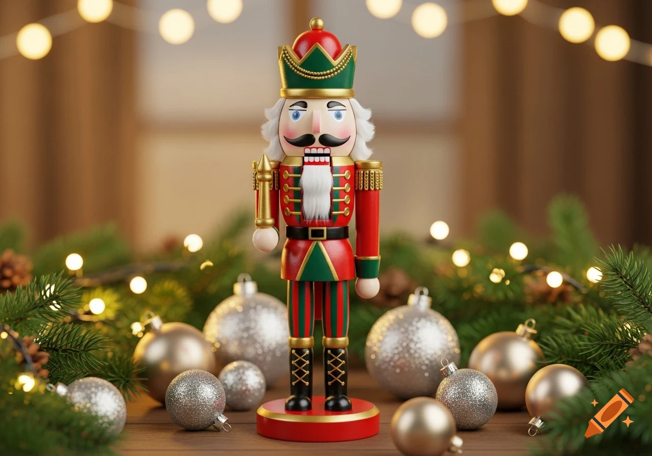 A detailed nutcracker doll stands on a wooden surface surrounded by pine garland, silver ornaments, and warm string lights.
