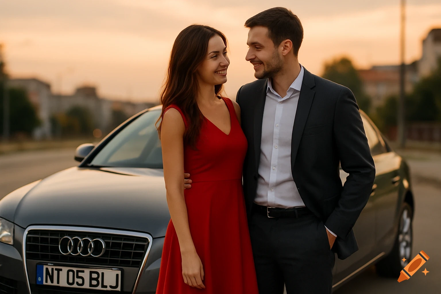 A smiling couple in formal attire stands in front of a gray Audi car at sunset, looking at each other.