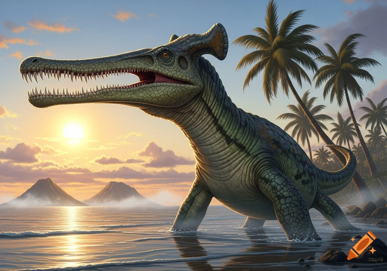 A large green Atopodentatus dinosaur with a long snout stands in shallow ocean water at sunset, with palm trees and mountains in the background.