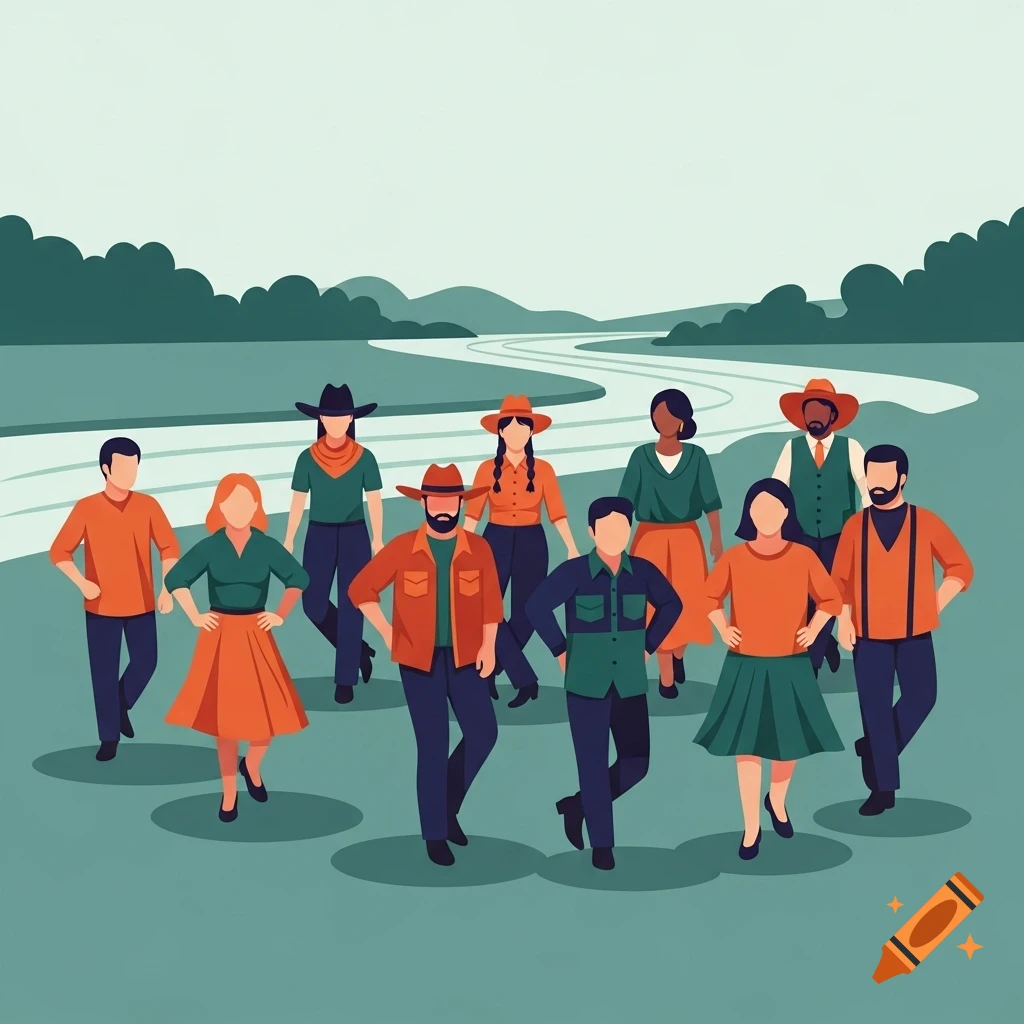 Stylized illustration of diverse people line dancing in an outdoor landscape with a river and hills.