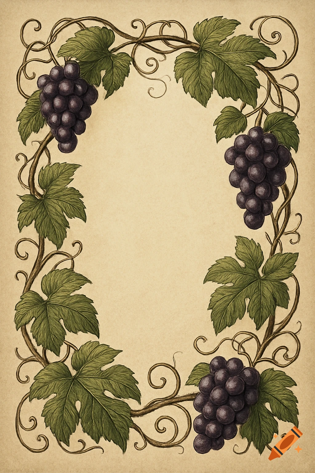 An ornate illustration of a grape vine border with dark purple grapes and green leaves on a light parchment background.