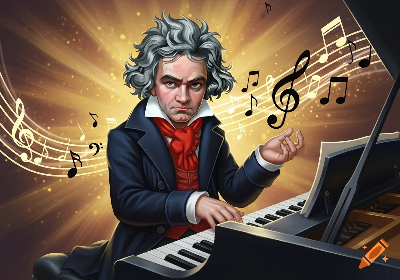 A cartoon caricature of Beethoven with wild gray hair, playing a piano, surrounded by musical notes.