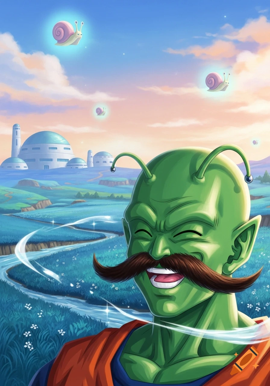 A smiling, green-skinned Namekian character with a large mustache stands in a vibrant landscape with futuristic buildings and glowing flying snails in an anime style.