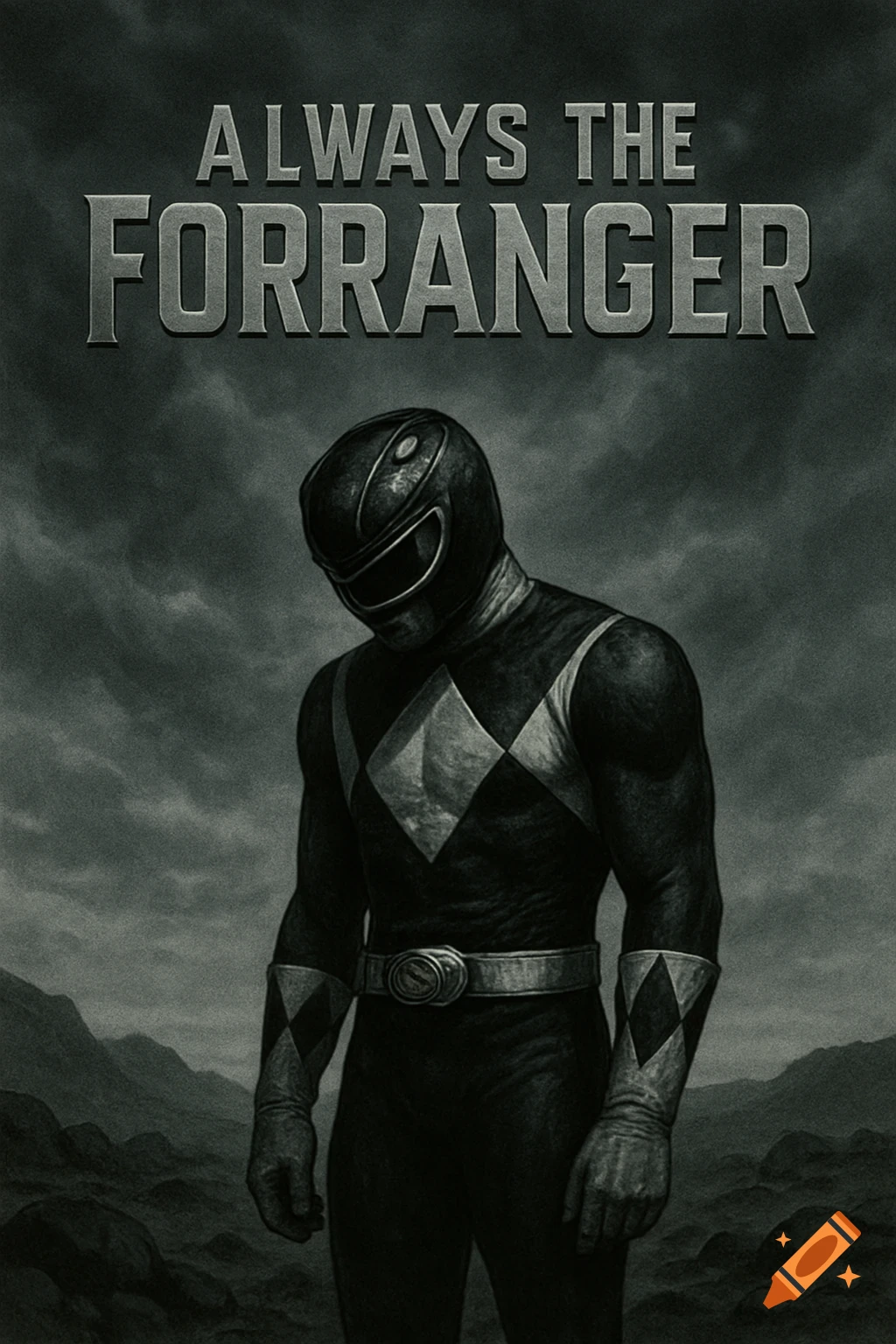 Grayscale illustration of a sad Black Power Ranger in a desolate ...