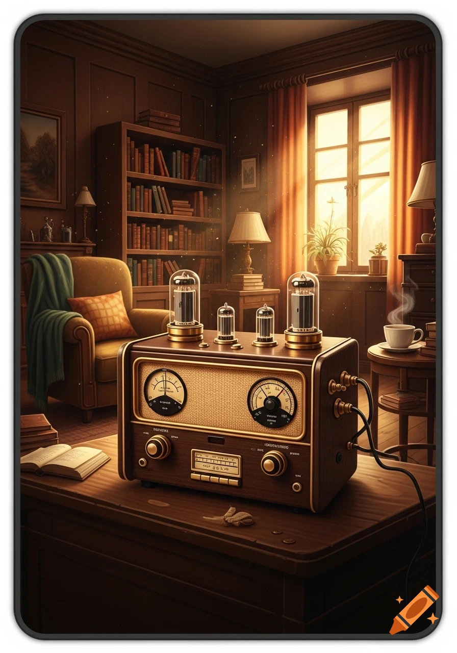 A vintage vacuum tube radio with glowing tubes and gauges on a wooden desk in a warm, wood-paneled study with bookshelves and a sunlit window.