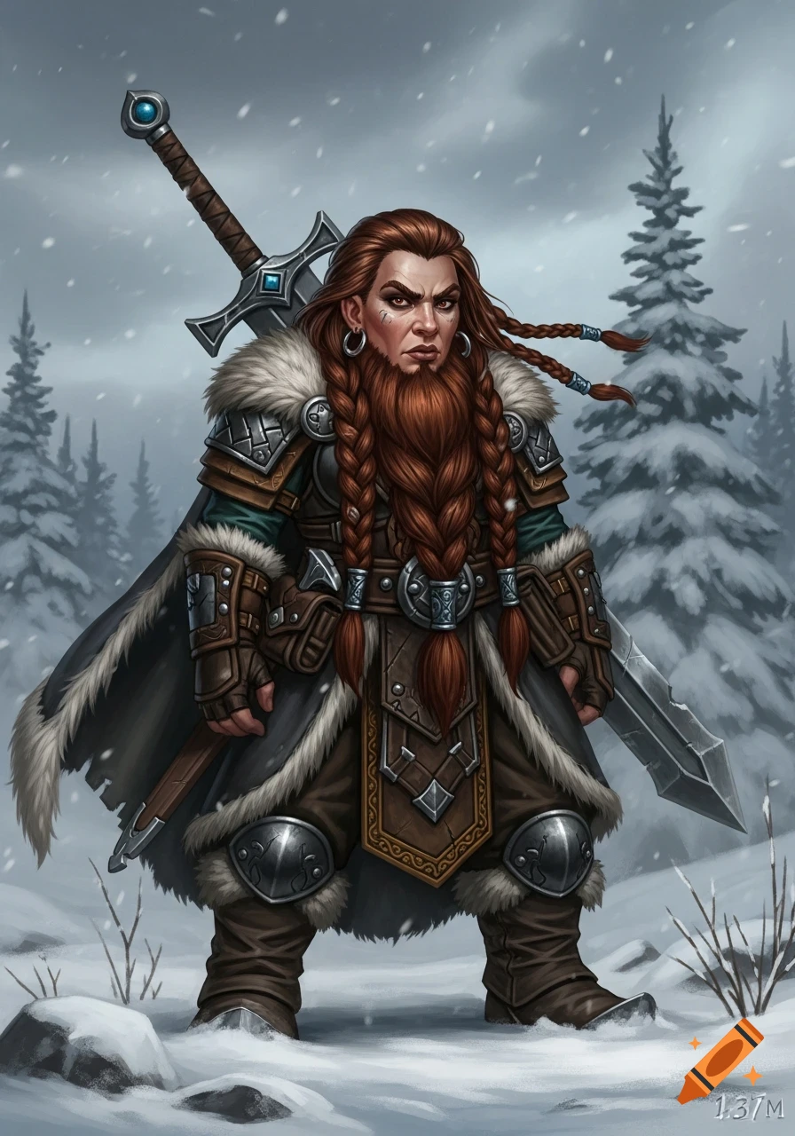 A detailed illustration of a fierce female dwarf warrior with braided red hair and a beard, wearing armor and a fur-lined cloak, standing in a snowy forest with a large sword.