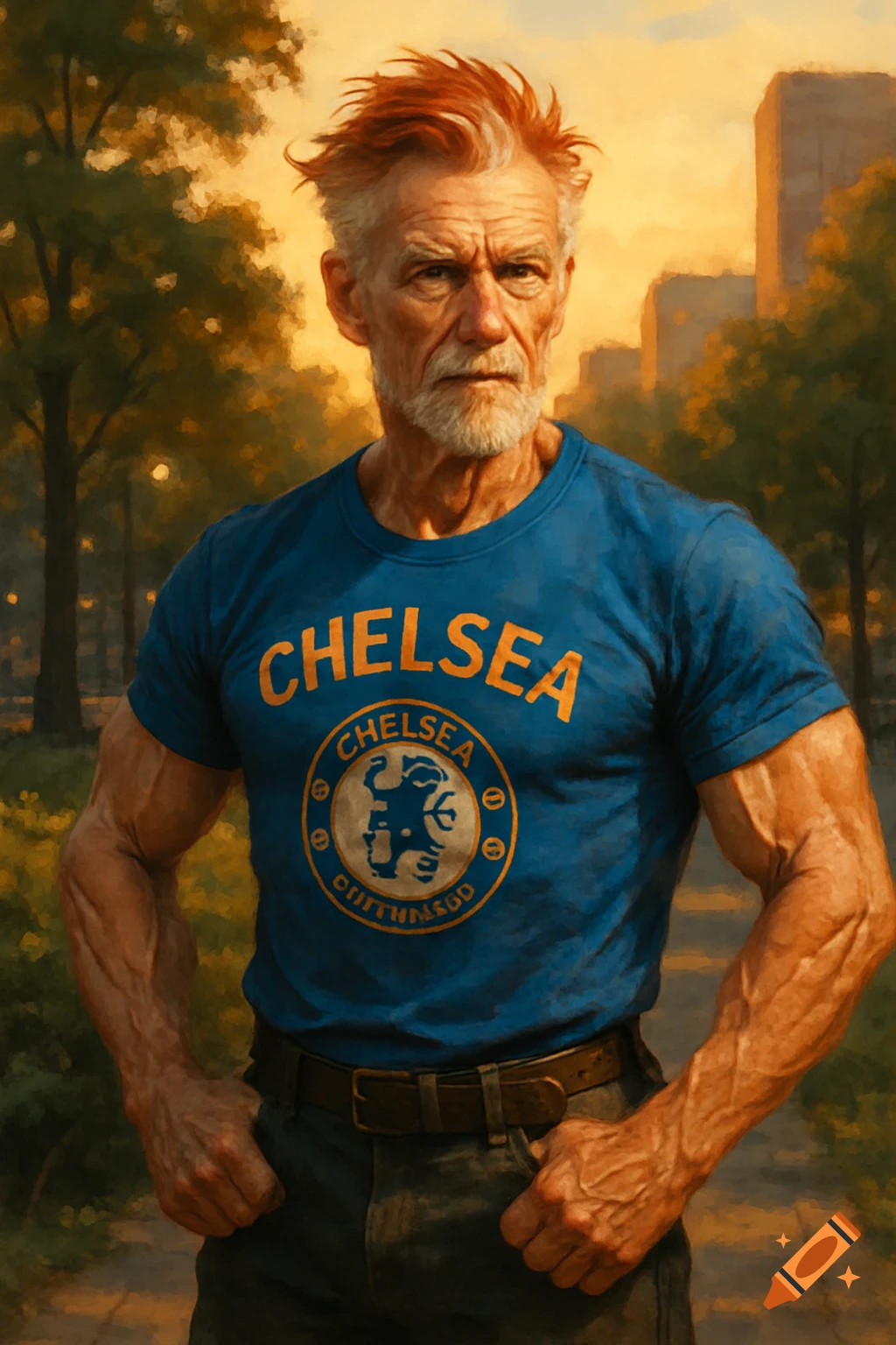 An older, muscular man with red and gray hair and a beard, wearing a blue Chelsea F.C. t-shirt with some garbled text on the logo, in a painterly style.