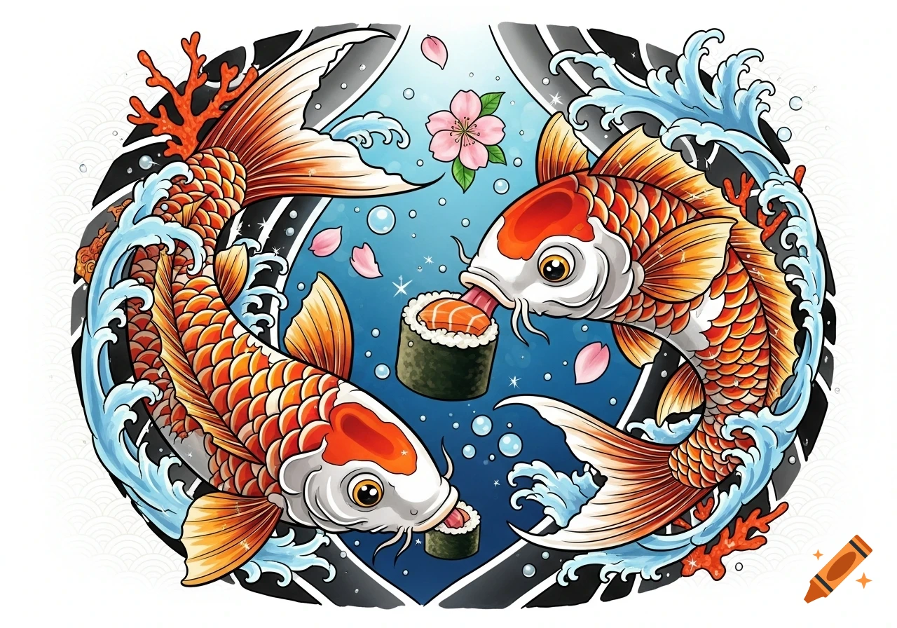 Two colorful koi fish in a Japanese tattoo style, interacting with sushi rolls, surrounded by waves, coral, and cherry blossoms.