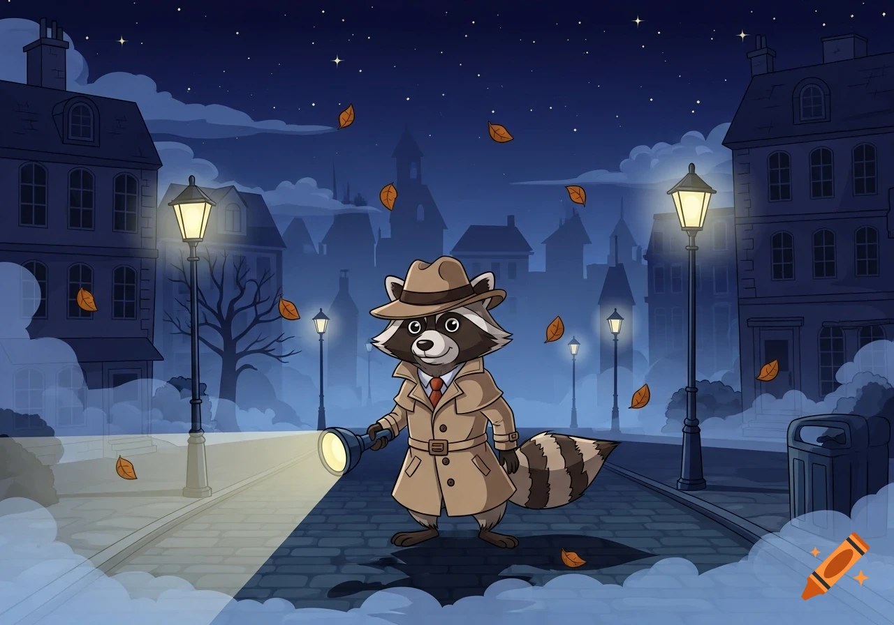Cartoon raccoon detective in a trench coat and fedora, holding a flashlight on a cobblestone street in a mysterious city at night.