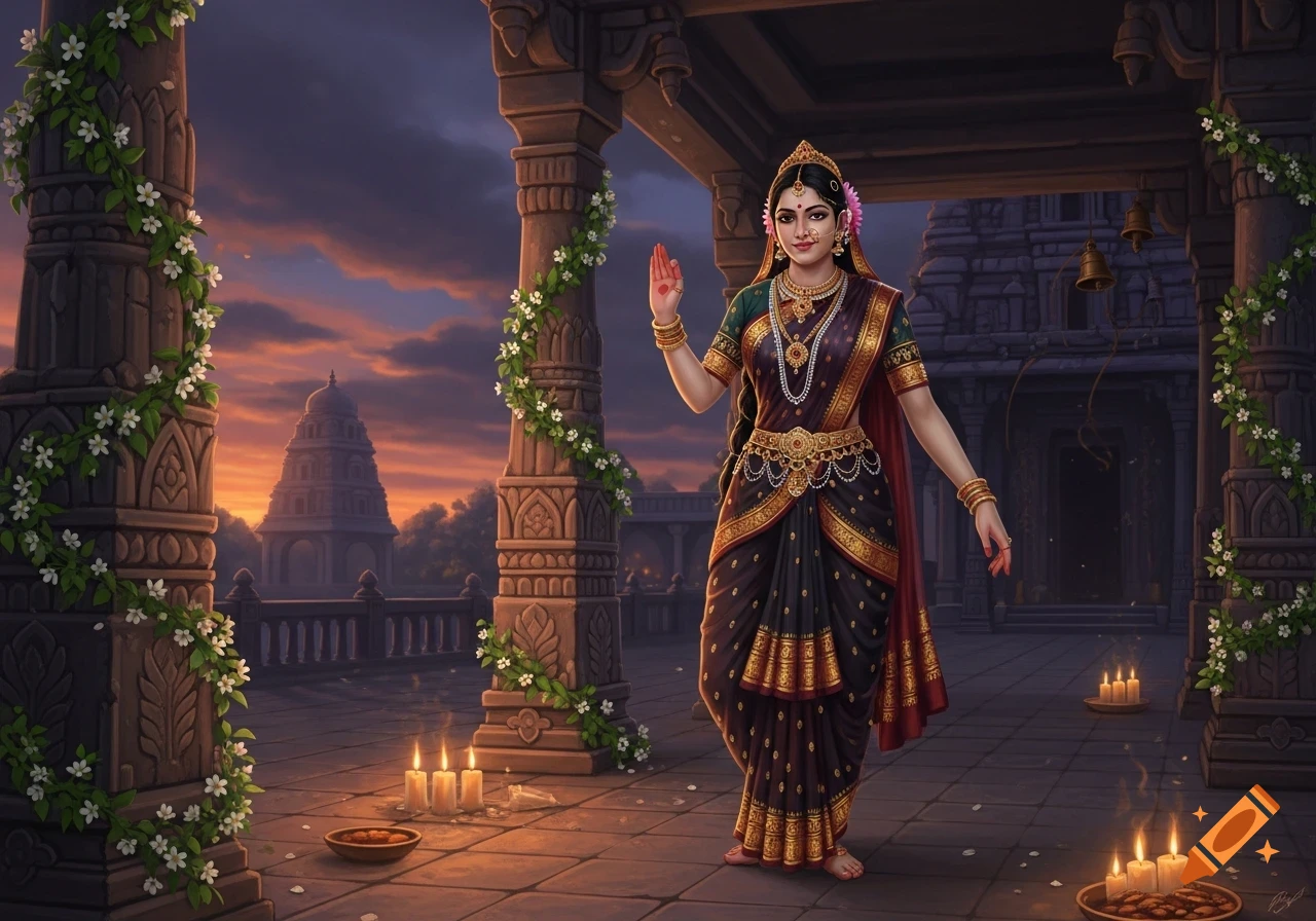 Woman in traditional Indian attire poses in a temple courtyard at sunset, with pillars, flowers, and lit candles.