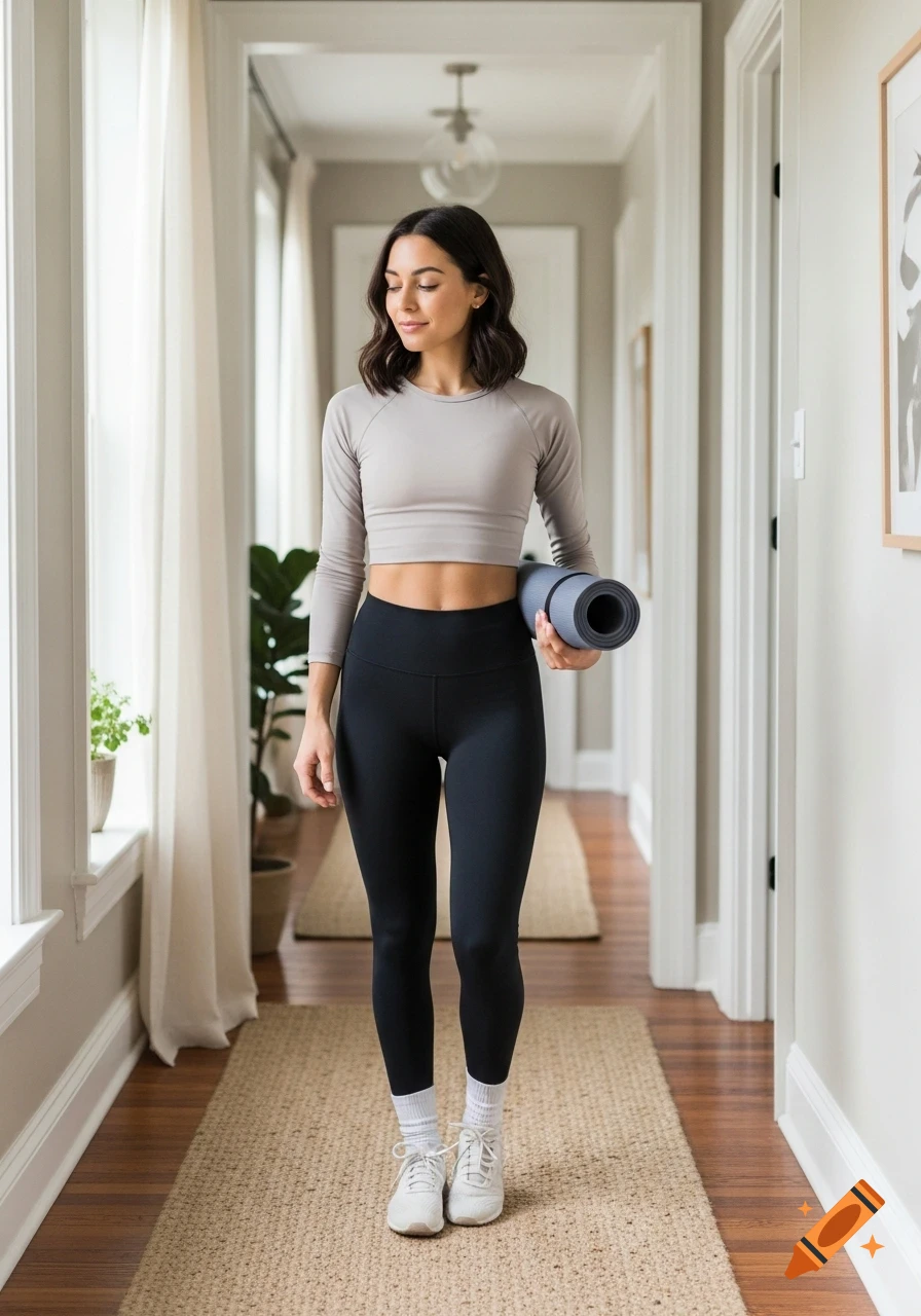 A woman in athletic wear holding a yoga mat walks down a brightly lit hallway.