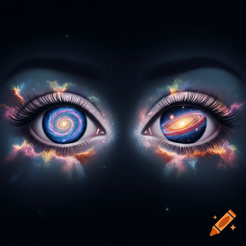 A close-up of two surreal eyes, each iris containing a swirling galaxy, with eyelids and long lashes formed from colorful nebulae against a starry dark space background.