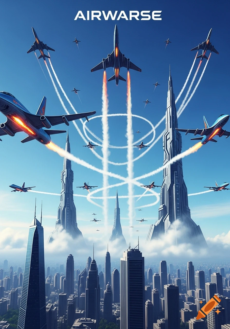 Futuristic fighter jets soar through a clear blue sky, leaving white contrails above a towering, modern cityscape.