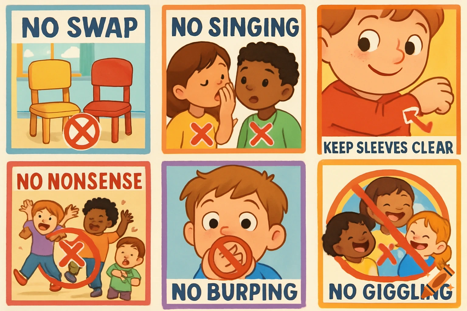 Six cartoon panels illustrating kindergarten rules: no swapping chairs, no singing, keep sleeves clear, no nonsense, no burping, and no giggling.