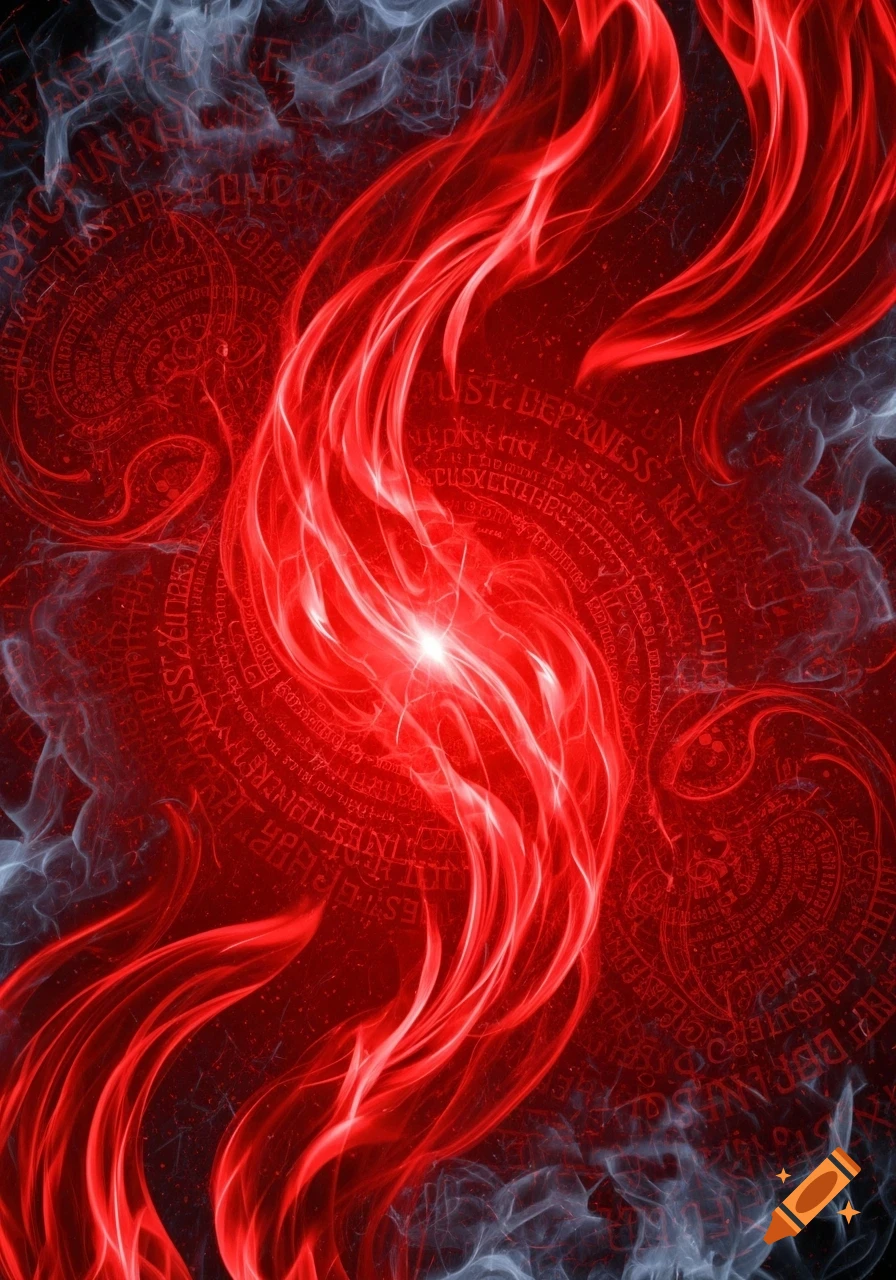 An abstract red background with glowing, swirling flame-like shapes and wisps of grey smoke, with illegible, distorted text patterns covering the dark background.