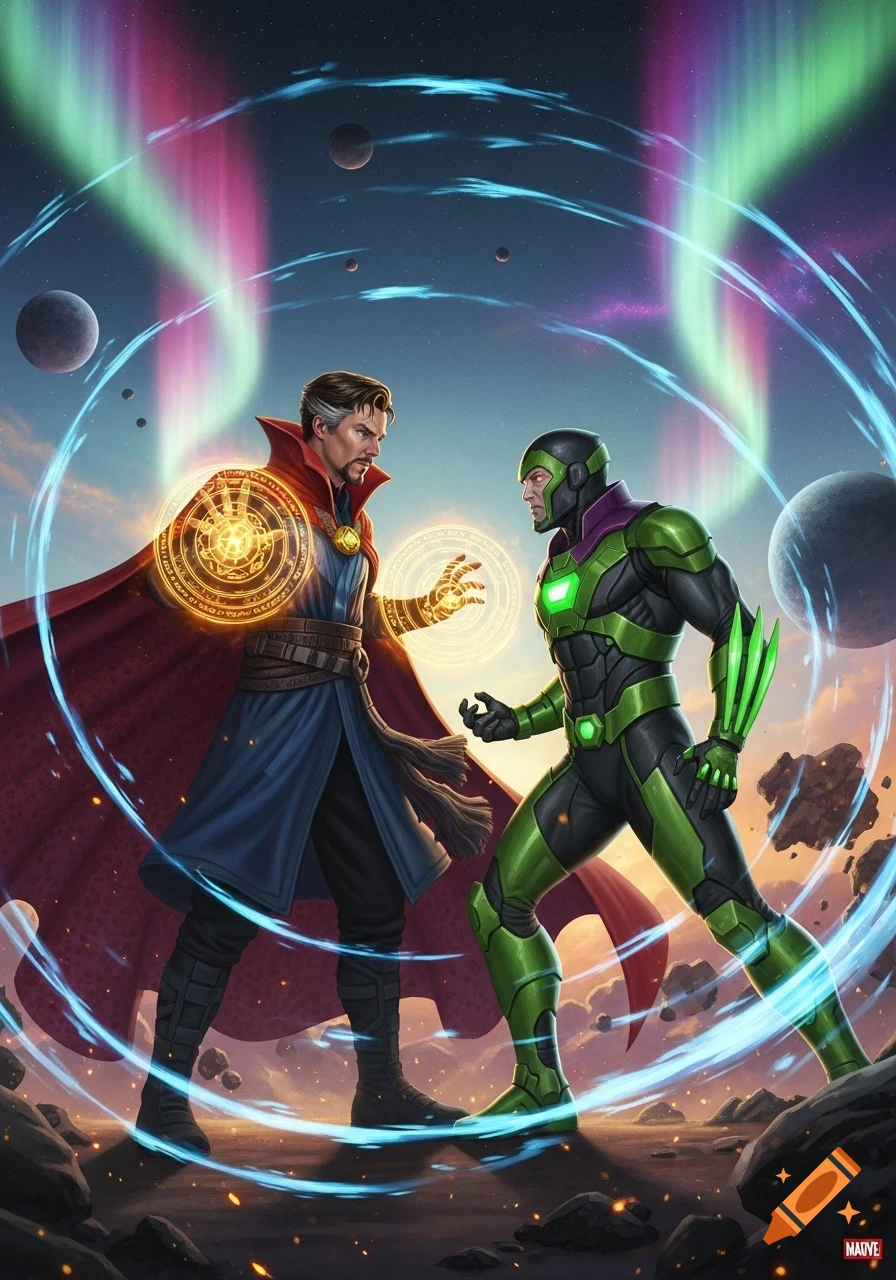 Doctor Strange and a green armored villain clash with magic in a cosmic landscape under an aurora-lit sky, comic art style.